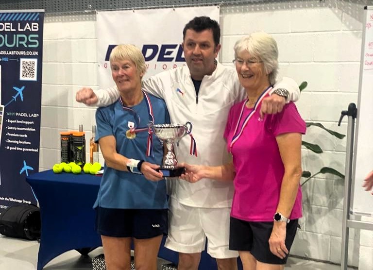 Rosie (L), Louise (R) with Padel Hub founder Charles Winterton